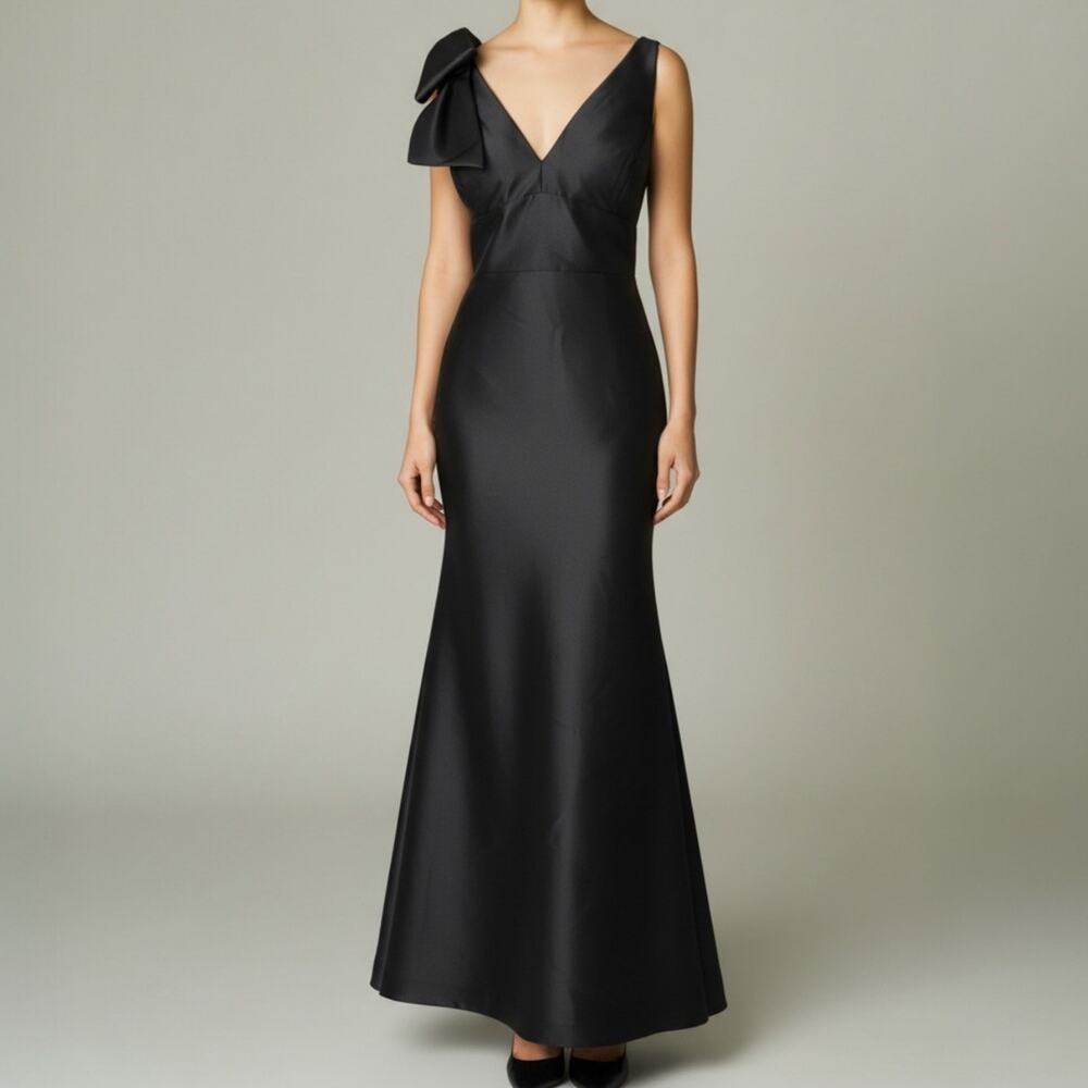 Alfred Sung Formal Trumpet Dress Black Satin Shoulder Bow Women's Size 16R NWT